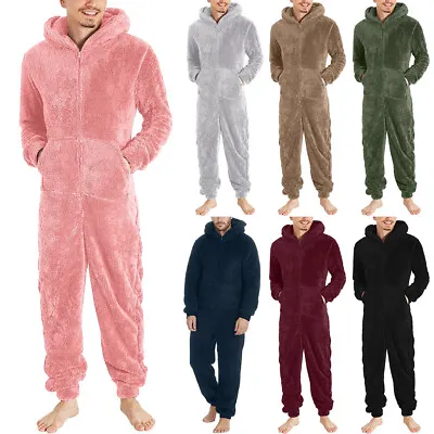 Mens Fluffy Fleece All In One 1Onesie Hooded Loungewear Onezee Nightwear Hoodie • £10.20
