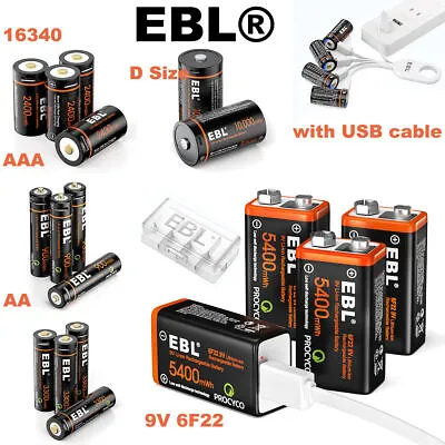 EBL AA AAA 9V 6F22 D Cell 16340 USB Li-ion Lithium Rechargeable Batteries Lot • $98.99