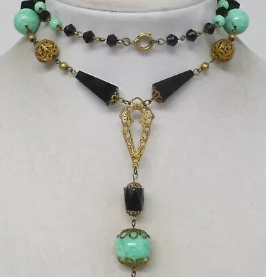 Estate Art Deco Antique Victorian Green Peking Jet Glass Necklace Ornate LOVEL • $17.50