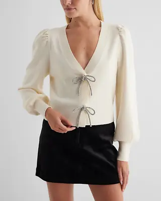 EXPRESS V-Neck Embellished Bow Cardigan - SWAN - Size S • $59.95