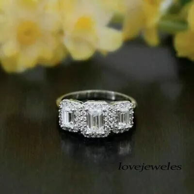 Real Moissanite 2CT Emerald Cut 3-Stone Halo Engagement Wedding 925 Silver Ring • $158.23