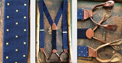 Vtg Royal Blue Yellow Square Dots Textured Nylon Suspenders Braces Brown Leather • $18