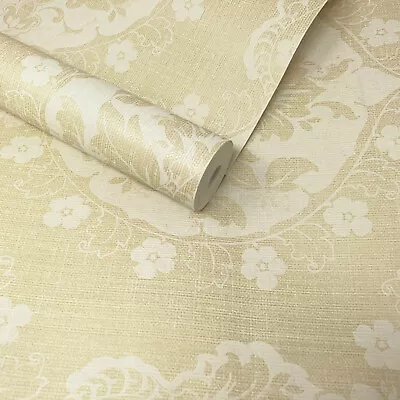 Fine Decor - Natural Linen Cream Large Floral Damask Feature Wallpaper - FD21057 • £1.99