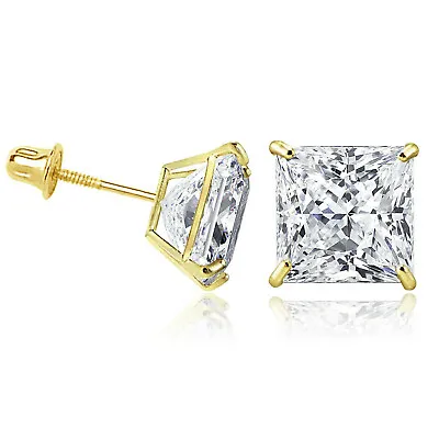14K Solid Yellow Gold Square Princess Cubic Zirconia Screw Back Stud Earrings • $27.99