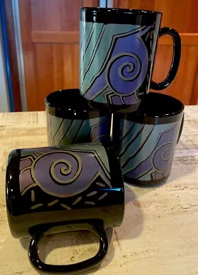 TAMPICO  ARCOROC France  Geometric Print Over  Black Glass 3 5/8” Mugs (4) • $59.99