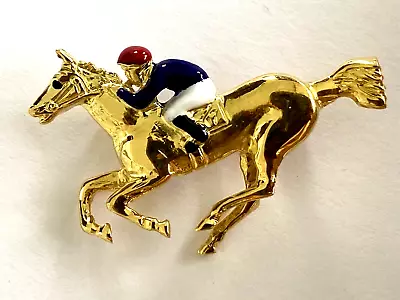 18K Solid Yellow Gold Racing Horse Jockey Enamel Classy Brooch • £1182.66