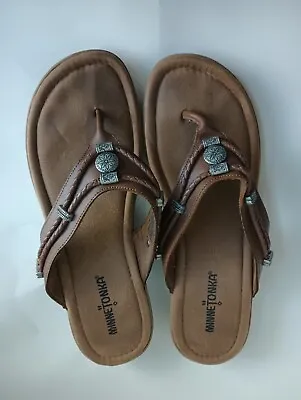 Minnetonka Womens Leather Thong Sandals Size 9 Braided Charms Cushioned • $19.90