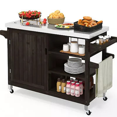 Solid Wood Outdoor Storage Cabinet Movable Grill Cart With Stainless Steel Top • $153.99