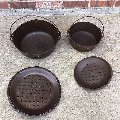 2 VINTAGE CAST IRON 8 DO & 12 DO STAMP DUTCH OVEN SELF BASTING COVER Made In USA • $159