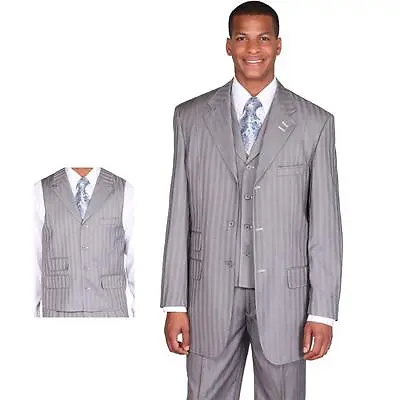 Men's 3 Piece Luxurious Wool Feel Fancy Striped Suit 34  Lengt  Gray 38R~60L • $98.96