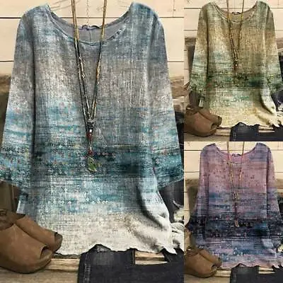 Womens Linen Tie Dye Tunic Tops Ladies Casual Baggy T-Shirt Blouse Plus Size 20 • £3.99