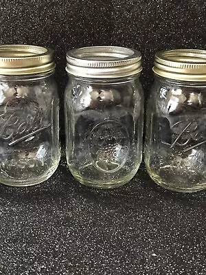 Lot Of 3 Ball MASON Jars  Clear Pint Glass Jars Embossed Fruit W/Screw Top Lids • $16.49