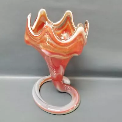 Handmade Orange/White Blown Art Glass 9.5  Tall Coil Trumpet Lily Vase • $24.99