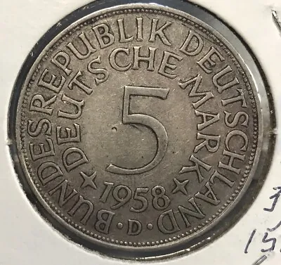 German 1958 D Silver 5 Mark High Grade With Free Shipping • $15.99