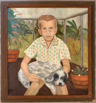 MID CENTURY Folk Art Freckled Boy With Dog Large Painting On Canvas Signed • $325