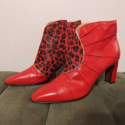 Pere Wuci Vintage 80s Red Genuine Leather Booties Size 9 Leopard Print • $48