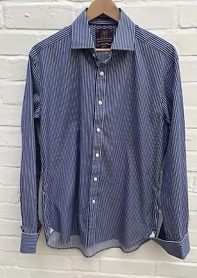 M&S Sartorial Shirt 16 41 Dark Blue Pinstripe Formal Cotton Double Cuff • £19.99