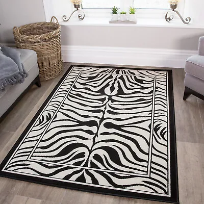 Black White Zebra Print Hide Animal Geometric Living Room Large Small Area Rug • £11.95