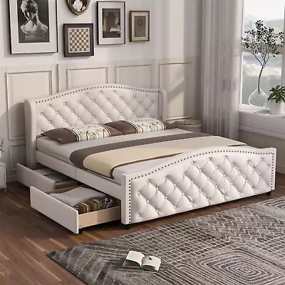 Double Size Bed Frame With Storage Drawers 4ft6 White Faux Leather Headboard • £264.99