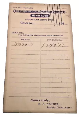 1911 Monon Railroad Ci&l Freight Claim Notification Post Card • $25
