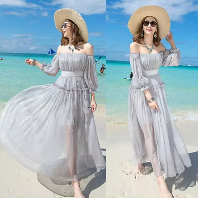 Womens Chiffon Off Shoulder Maxi Long Dress Ruffle Puff Sleeve Prom Gown Lolita • £30.87