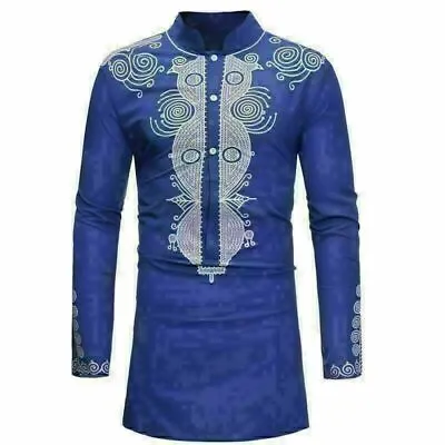 Mens Dashiki Print Long Tribal Shirt Succinct Hippie Top Clothing Fashion Shirts • $32.13