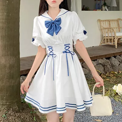 Ladies Girls Short Dress Sailor Collar Lolita Bowknot Casual Preppy Style Party • £36.59