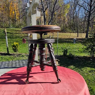 Vintage Adjustable Piano Stool With Cast Iron Clawfoot Glass Feet Meridian CT. • $275