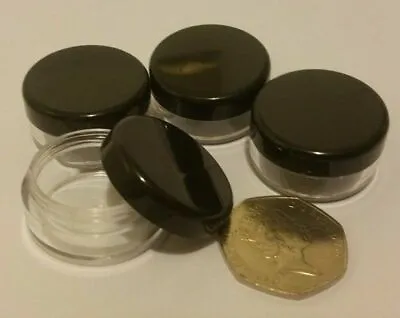 £3.79 • Buy Small Clear Travel Sample Pots Jars Pieces Containers 5g 5ml With Black Lids Jdb