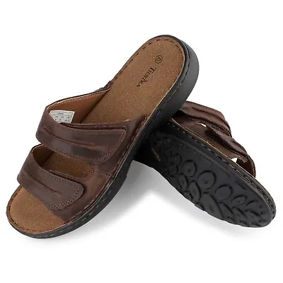 Mens Leather Sandals Walking Memory Foam Flip Flop Summer Sandals Shoes Size • £29.95