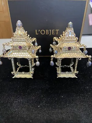 2- L'Objet Pagoda Napkin Rings Platinum Swarovski Crystals & Fresh Water Pearls • $150