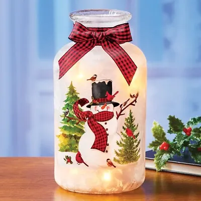LED Lighted Christmas Country Snowman Frosted Mason Jar Lamp W/ Bow • $24.99