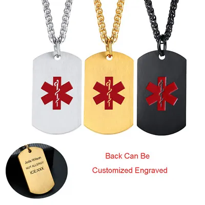 Medical Alert ID Necklace Pendant Stainless Steel Dog Tag Custom Engrave Laser • $9.89