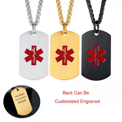 Silver Men Women Dog Tag Medical Alert Necklace Stainless Steel Pendant Engrave • £5.39