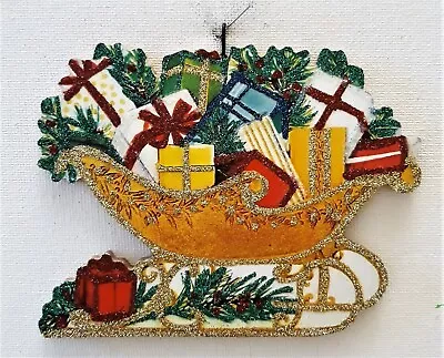 GOLD SLEIGH Filled W WRAPPED GIFTS & PINE  Glitter  CHRISTMAS ORNAMENT * Vtg Img • $10.50