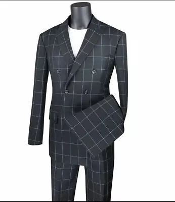 VINCI Men's Black Windowpane Double  50L/44w Modern Fit Suit NEW • $80