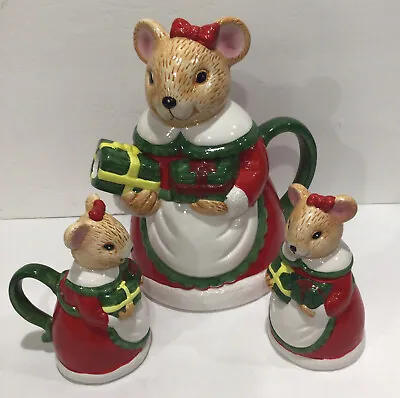 Mrs Christmas Mother Mouse Tea Set TEAPOT Baby Mice Sugar Bowl Creamer Vintage • $59.99