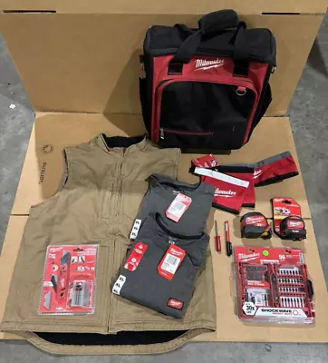 Milwaukee 17  Tech Tool Bag W/Sherpa Vest Shirts Tape Measures Bits Etc. AUC • $55