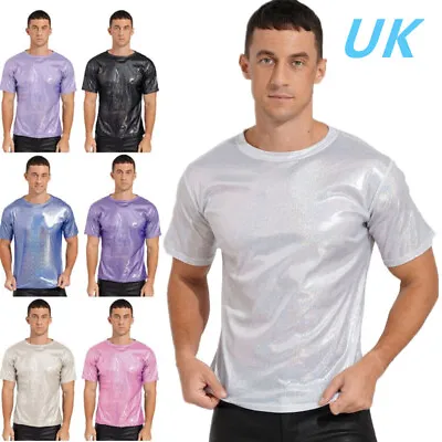 Mens Shiny Metallic Undershirt Short Sleeve Round Neck T-shirt Sparkle Clubwear • £12.59