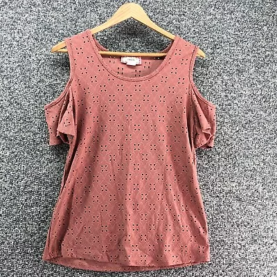 C'est La Vie Eyelet Blouse Top Coral Juniors Sz L Cold Shoulder Stretch • $4.49