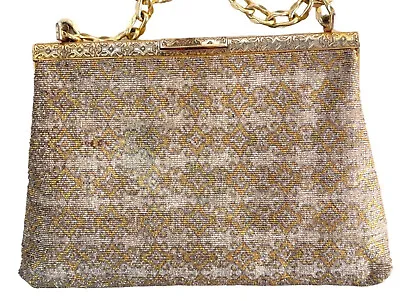 Antique Hand Made Deco Silver Gold Color Micro Beads Purse Small Bag Brass Frame • $59.99