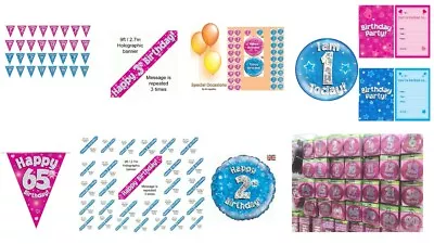 OAK HAPPY BIRTHDAY PARTY PARTYWARE DECORATIONS PINK/BLUE GIRL/BOY-pick Age • £2.99