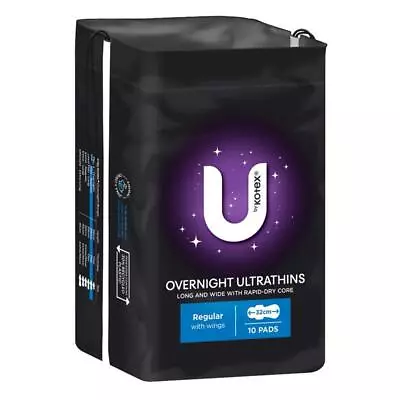 U By Kotex Ultrathin Overnight Regular With Wings Pads 10 • $5.49