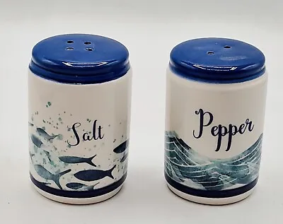 Ocean Fish Beach White Blue Shakers 3  Summer Nautical Ceramic Salt & Pepper • $17.59