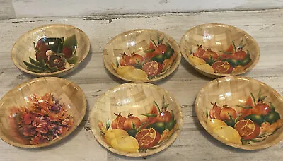 6 Vtg Bamboo Woven Oval Snack Salad Bowls Painted Fruit Floral Image • $12