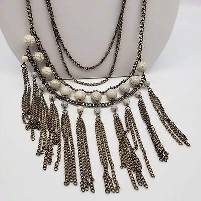 Gold Tone Multi Strand Necklace With Beads And Chain Tassel Unmarked • $8