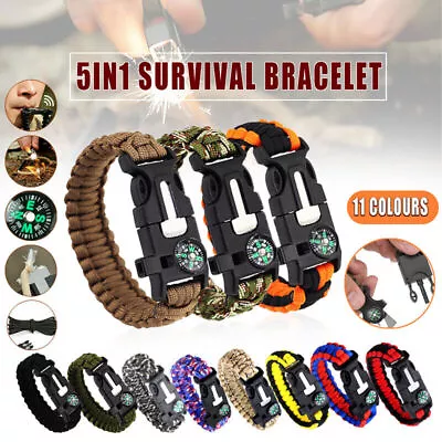 Flint Fire Starter 5in1 Survival Paracord Bracelet Whistle Compass Gear Tool Kit • $7.44