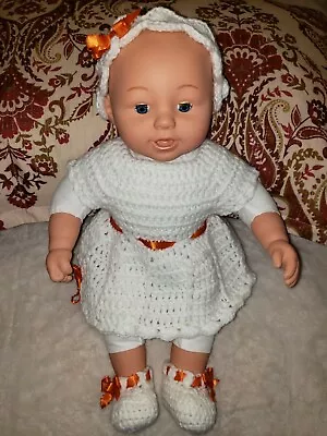 White Crochet Newborn -premie Outfit W Orange Ribbon.   • $23.99