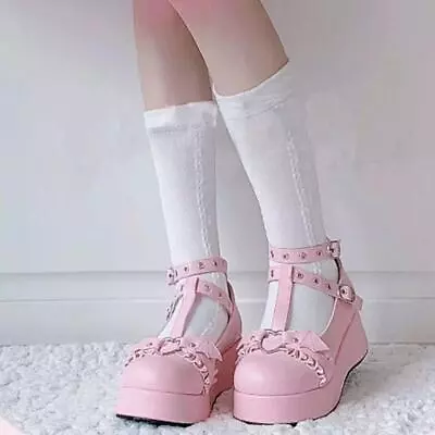 Girls Lolita Wedge Heel Mary Jane Ankle T-Strap Platform Shoes Flat Pump Cosplay • £24.43