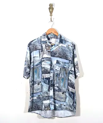 Vgc 90's Vintage Wavey Shirt Hataway Blue Short Sleeve Watercolour Pattern • £22